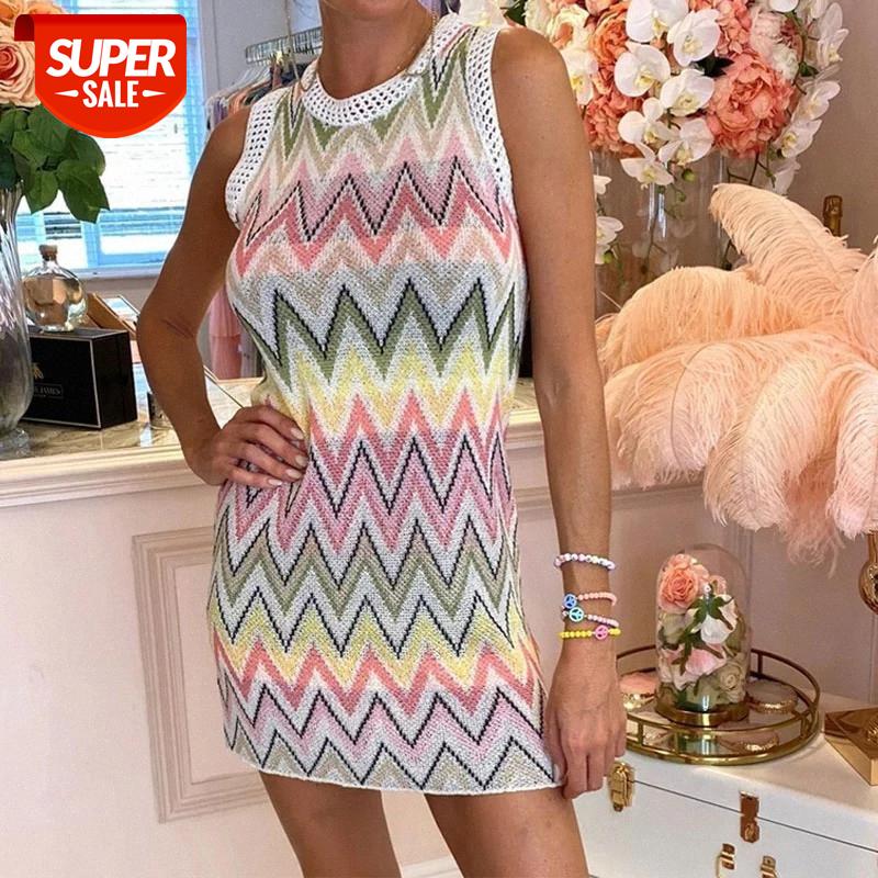 

Knit Hollow Out Sleeveless Women's Mini Dress Rainbow Striped Patchwork Female Dresses Autumn Fashion Streetwear Lady Vestidos #iE7j, Black;gray
