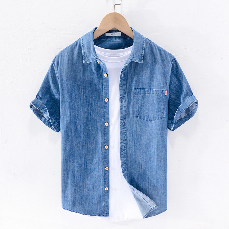 

2021 100% Cotton New Style Summer Short Sleeve Brand Denim Shirts for Men Casual Comfortable Shirt Mens Camiseta Fuee, Light blue