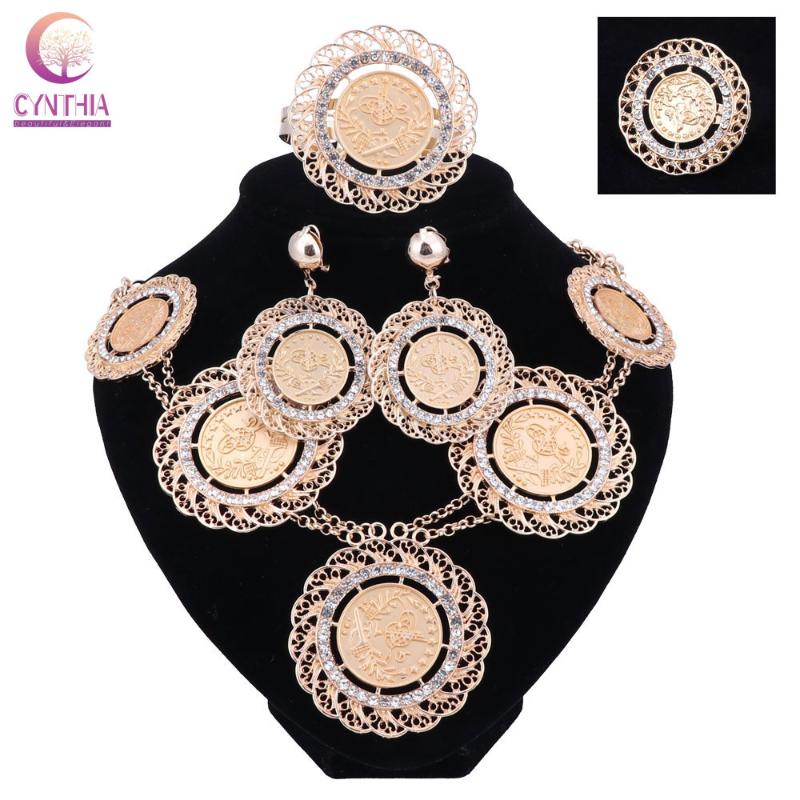 

Earrings & Necklace Fashion Italian Dubai Abaya Long Jewelry Sets Gold Coins Women African Crystal Wedding Costume Set, As pic