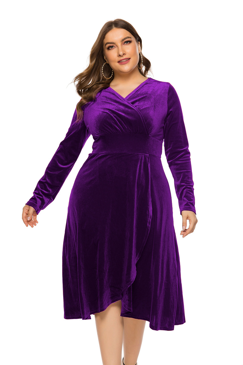 

New Autumn Plus Size V-Neck Long-Sleeved Gold Velvet Dress With Waist And Long-Sleeved Hollow, Black;gray