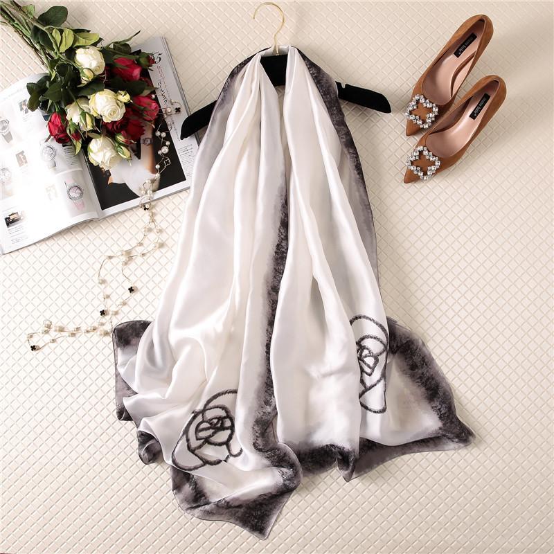 

Scarves Spring Camellia Floral Print Silk Scarf Women Elegant European And American Fashion Ink Border Sunscreen Shawl