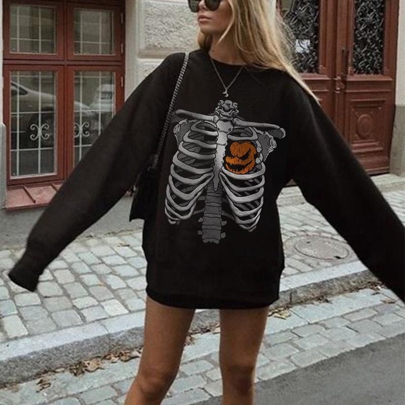 

2021 Black Thin Halloween Skull Fun Printed Sweatshirt Women O-neck Loose Casual Plus Size Basic Tops New Fashion Girls Streetwear W7r8
