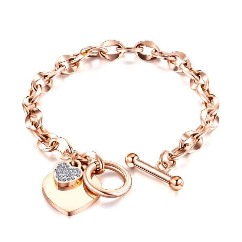

Popular Women Gift Rose Gold Plated Stainless Steel Chain Link Bracelet Heart Charm Jewelry