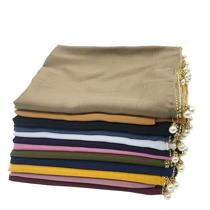

Scarves Pearl Design Cotton Viscose Plain Muslim Gorgeous Hijabs Crystal Chain Edges Hijab Scarf Women LUXURY 10PCS/LOT