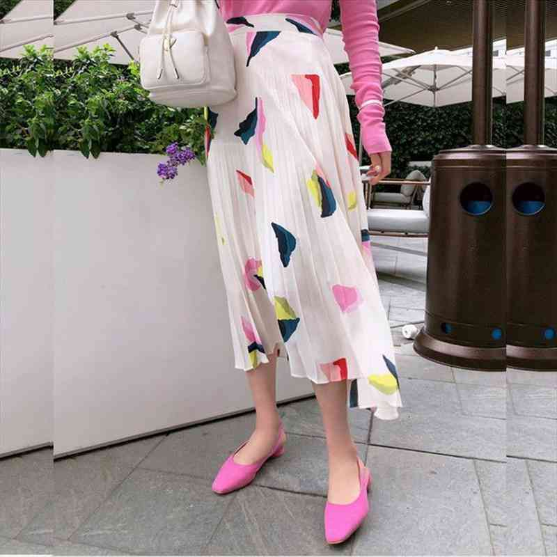 

geometric print summer chiffon women skirt korean vintage pleated elegant harajuku elastic waist long midi x051, Black