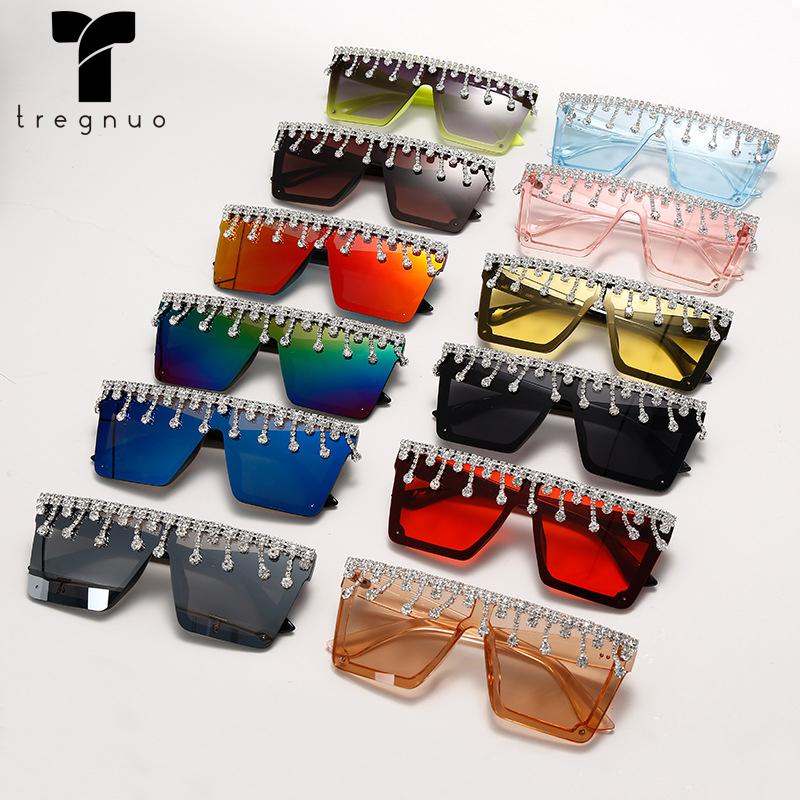

Sunglasses 2021 Handmade Tassels Rhinestone Square Gradient Big Box Eyewear UV400