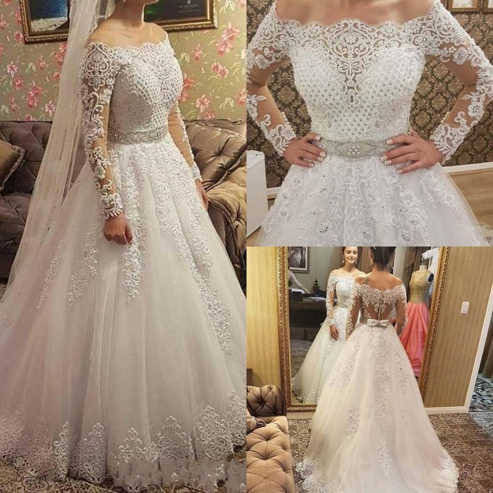 

2021 New Latest Off the Shoulder Beads Crystal Es Long Sleeve Button Back Train Bridal Wedding Bride Gowns Vestido De Novia Wox0, Ivory