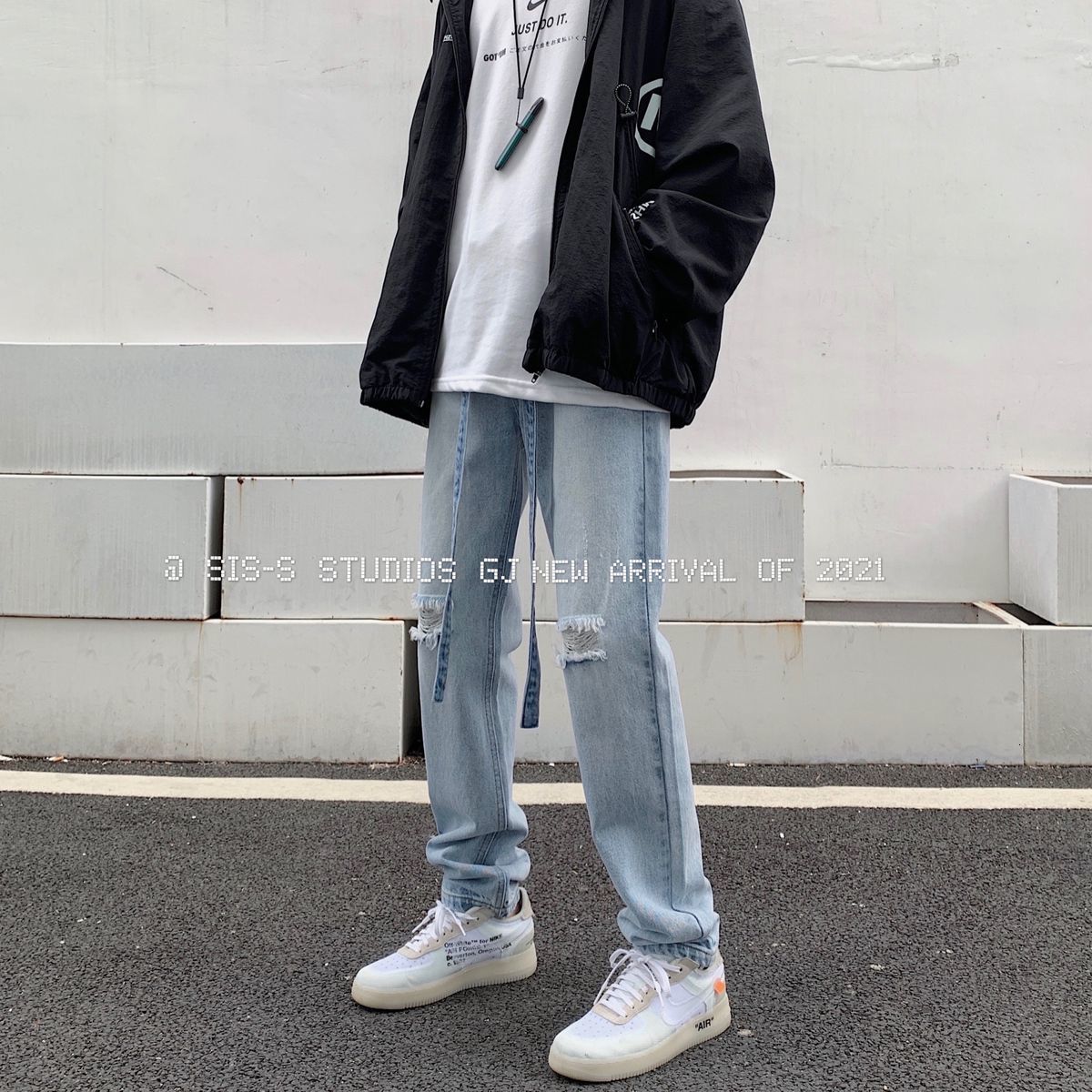 

2021 New Style Men's High Street Broken Ribbon Drawstring Fashion Jeans Ny Casual Pants Blue/black Color Trousers M-3xl H1a3, Light blue