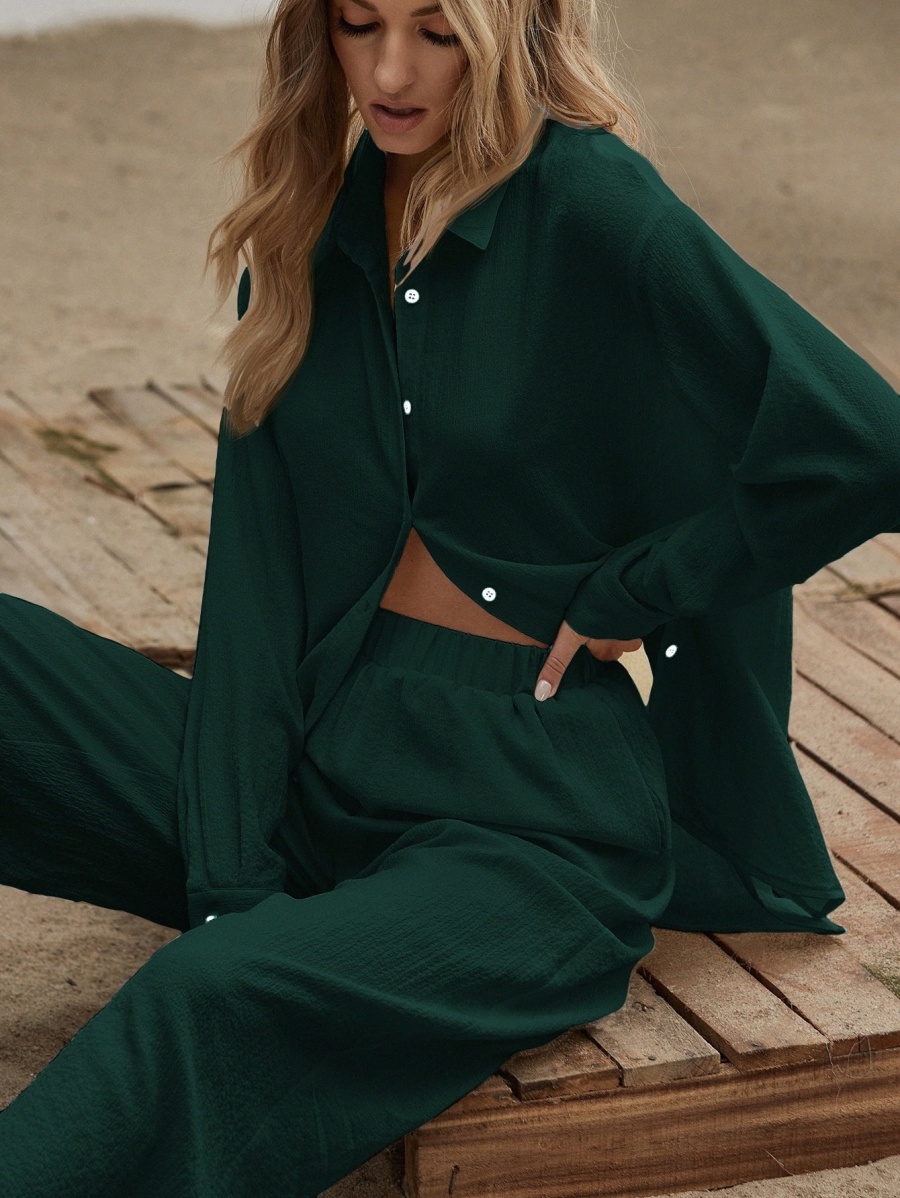 

Slit Hem Longline Blouse & Wide Leg Pants Set M82E#, Dark green