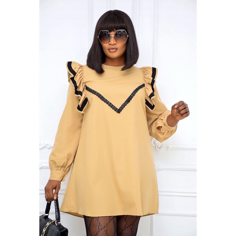 

2021 New Spring Sexy Lace Patchwork Women' Es Casual Female O-neck Solid Loose Long Sleeve Ruffles Elegant Party Mini J9us, Orange