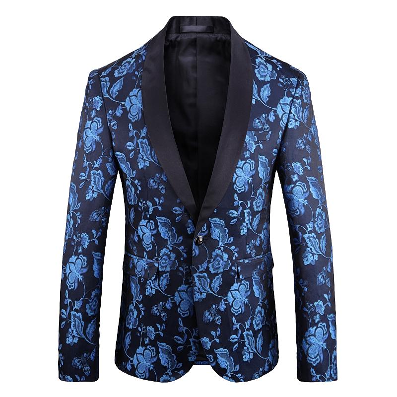 

Men's Suits & Blazers 2021 Blazer Jackets Spliced Collar Floral Embroidery Fancy Suit Coat Male Quality Singer Wedding Prom Stage Clothing, Blue