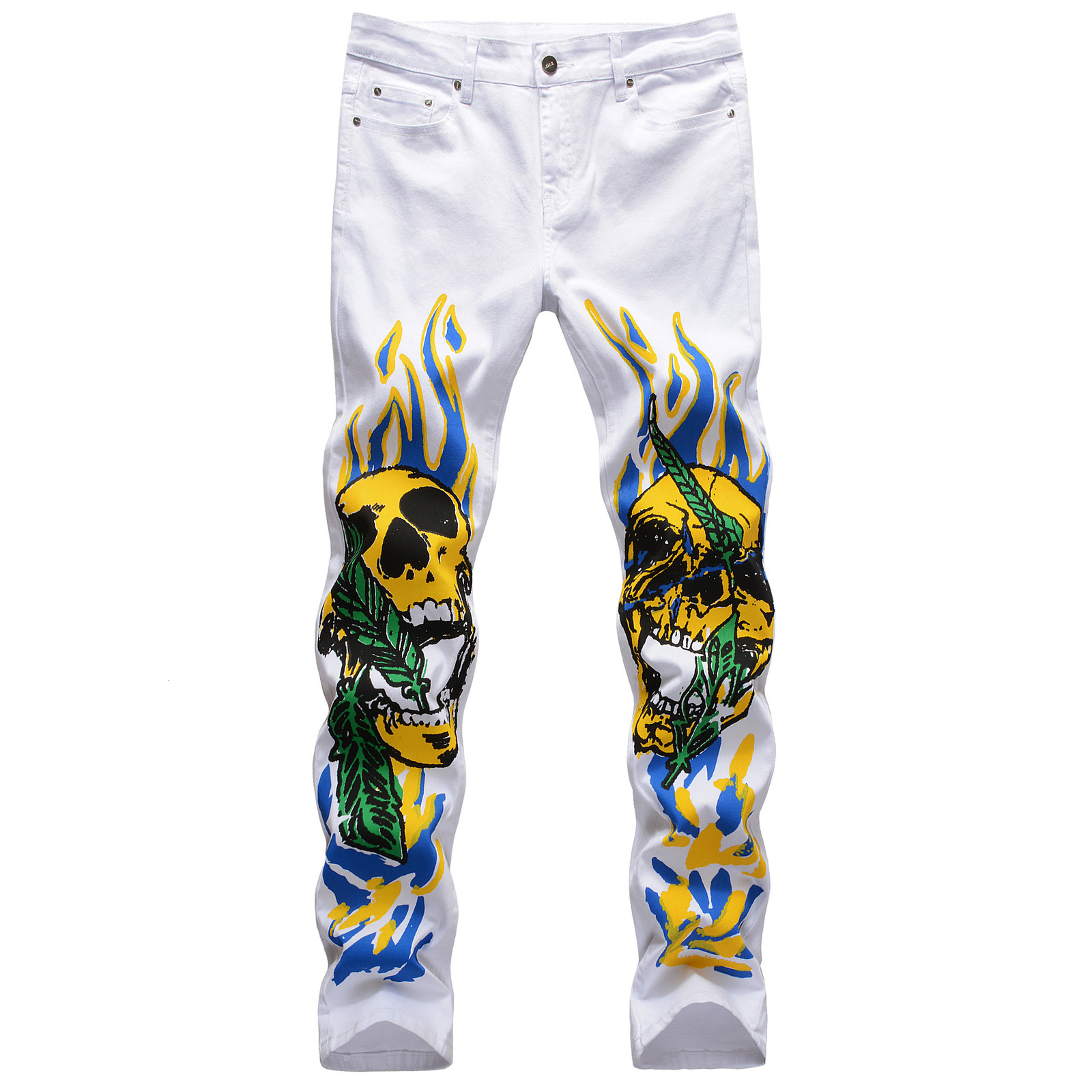 

2021 New Jas Men's Jeans Stretch Slim Fit 3d Color Print Black White Trousers Flame Skull Graffiti Street Fashion Men Denim Pants Dzlw