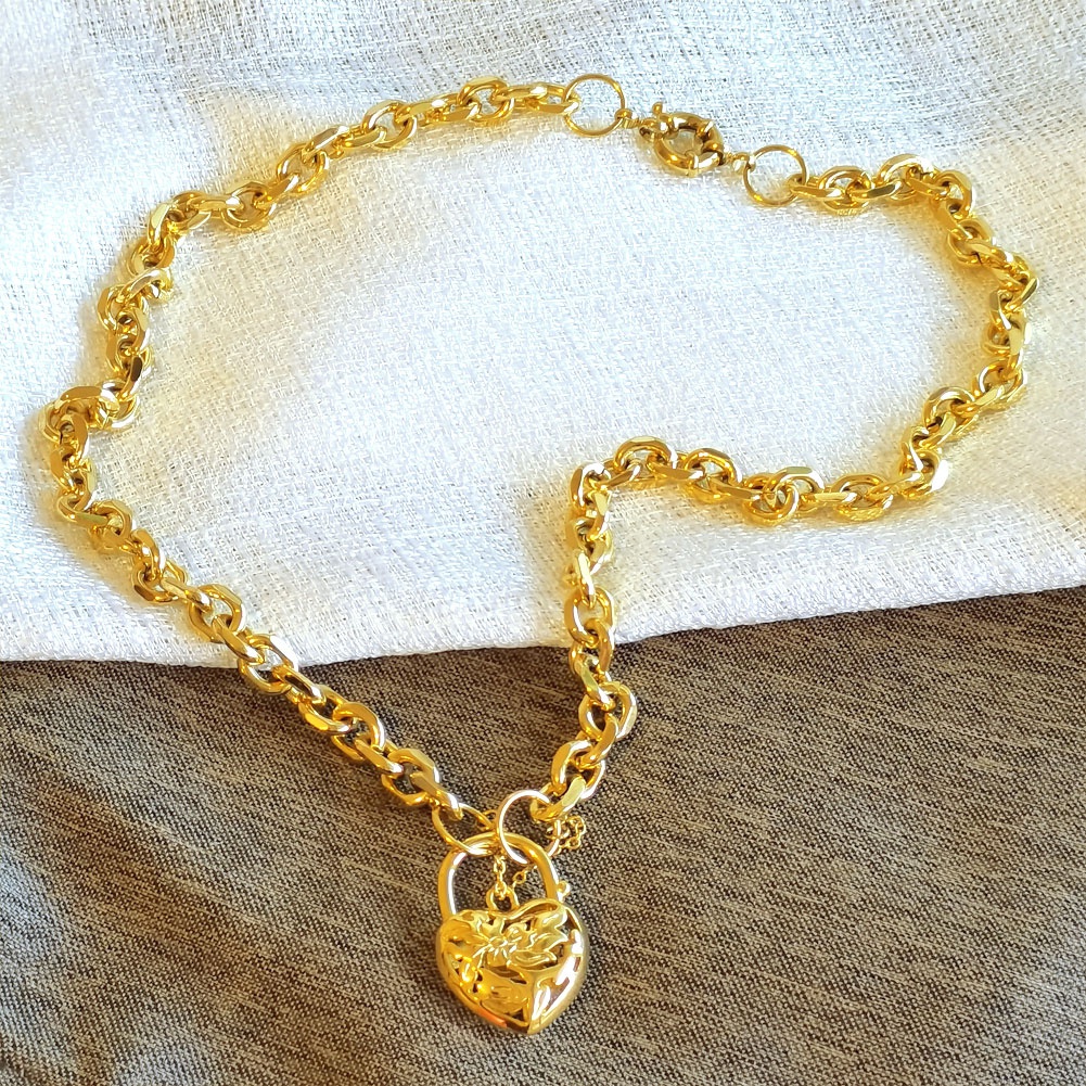 

18CT 18K Gold Filled Heart Belcher padlock Solid pendant necklace for women