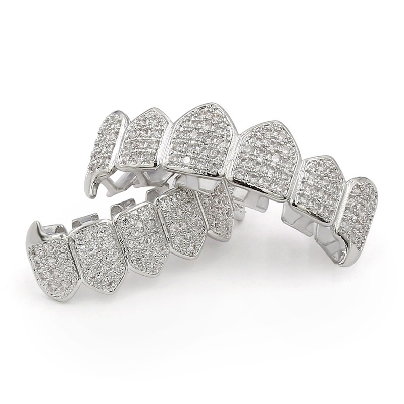 

Hip Hop Iced Out CZ Mouth Teeth Grillz Caps Top Bottom Grill Set Men Women Vampire Grills 490 T2