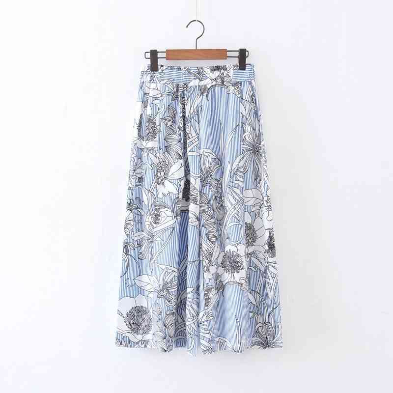 

Summer High Waist Striped Floral Pant Wide Leg Trousers pantacourt femme taille haute XZ2378 210603, Blue