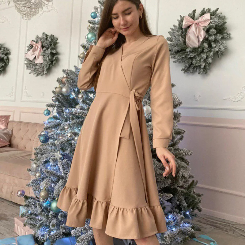 

2021 New Elegant A-line Sashes Party Ladies Ruffles V-neck Fashion Long Sleeve Office Lady Autumn Spring Women Es Toda, Red