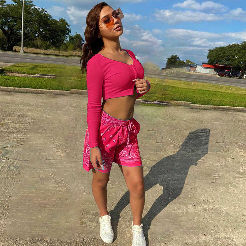 

Adogirl Casual Women 2 Piece Sets Long Sleeve Crop + Bike Shorts Sets Summer Outfits Fashion Tracksuit Jogging Femme Matching Se X0612, Dark blue