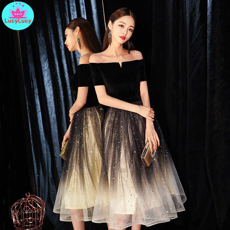 

banquet elegant black sexy long section word shoulder slim slimming dress party Off the Shoulder Patchwork 210603, 03