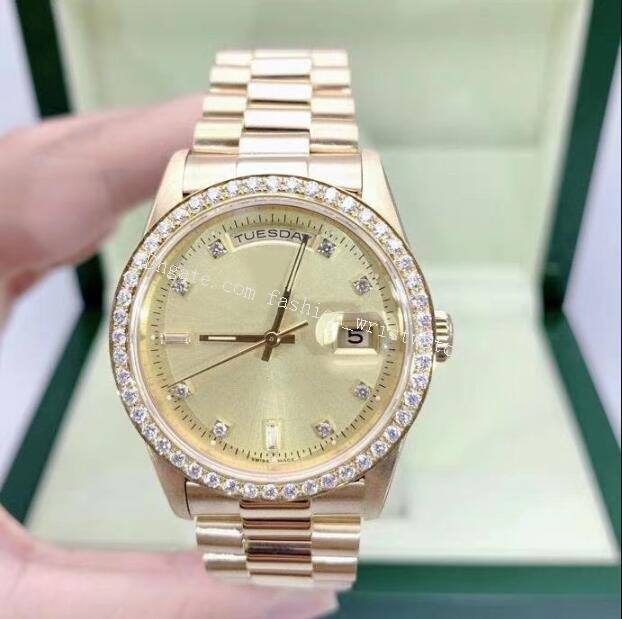 

mens luxury watches 18238 36mm diamond bezel mechanical automatic gold stainless steel bracelet original box watch