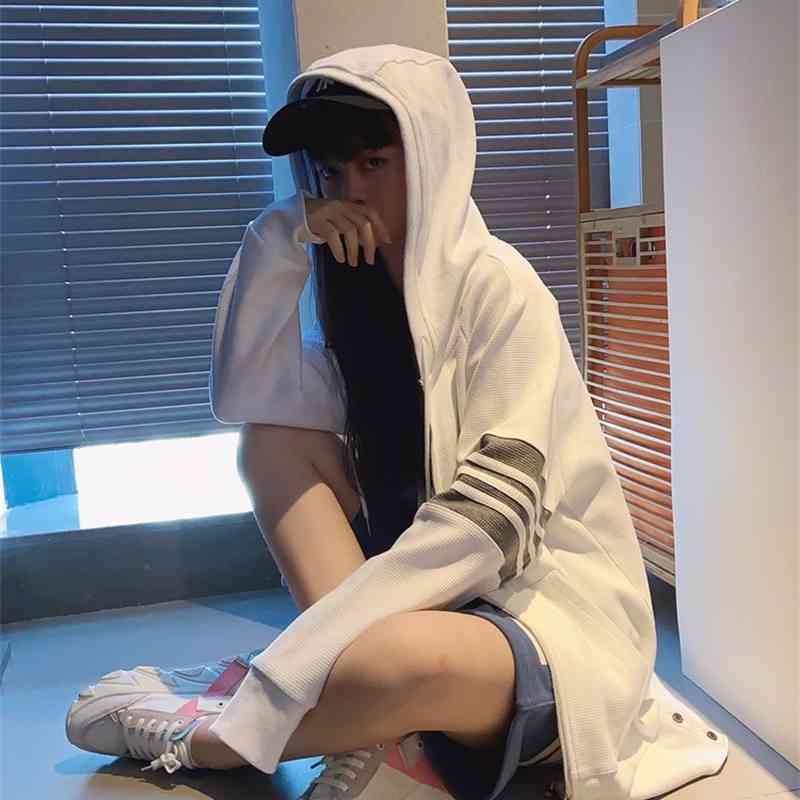 

Hooded sweater women's coat TB waffle fall winter new loose four bar couple zipper cashmere cardigan fashion, Gray