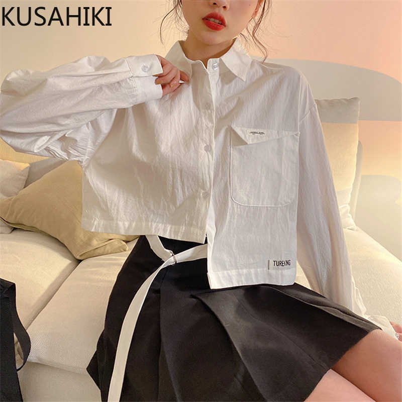 

KUSAHIKI Korean Spring Women Blouse Bandage Short Causal Blusas Top Long Sleeve Turn-down Collar Shirt Femme 6F581 210602, Blue
