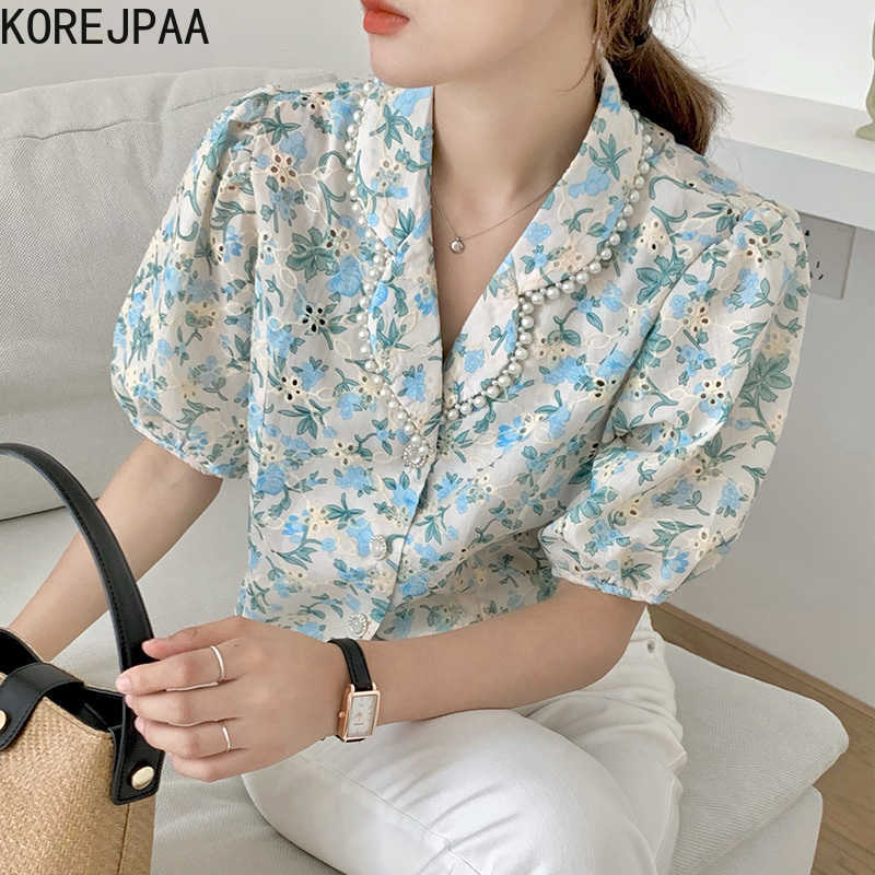 

Korejpaa Women Shirt Summer French Temperament Pearl Embellished Doll Collar Floral Single-Breasted Puff Sleeve Blouses 210526, Blue