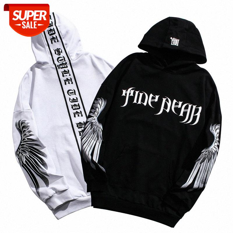 

Street hip-hop couple style angel wings loose hooded long-sleeved sweater men #7b7w, Black