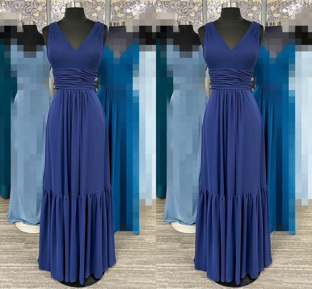 

2021 Dark Blue Bridesmaid Dresses V Neck Straps Chiffon Ruched Pleats Custom Made Beach Wedding Maid of Honor Gown vestidos