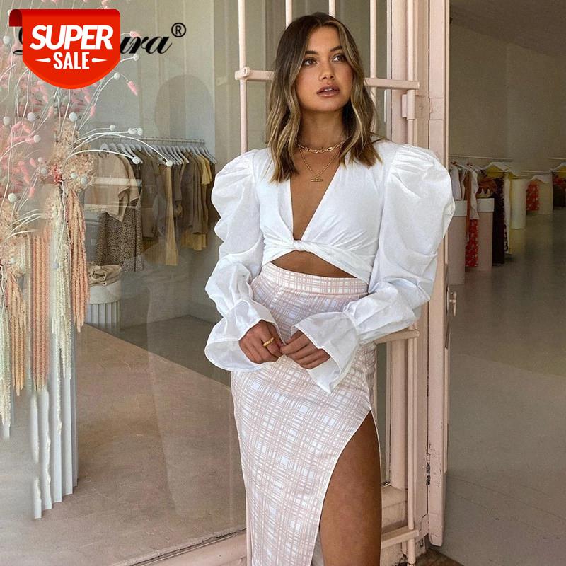 

Dulzura Solid Women Puff Sleeve Blouse Crop Top Lace Up V Neck Elegant Party 2021 Spring Summer Clothes Streetwear #Fx7k, White