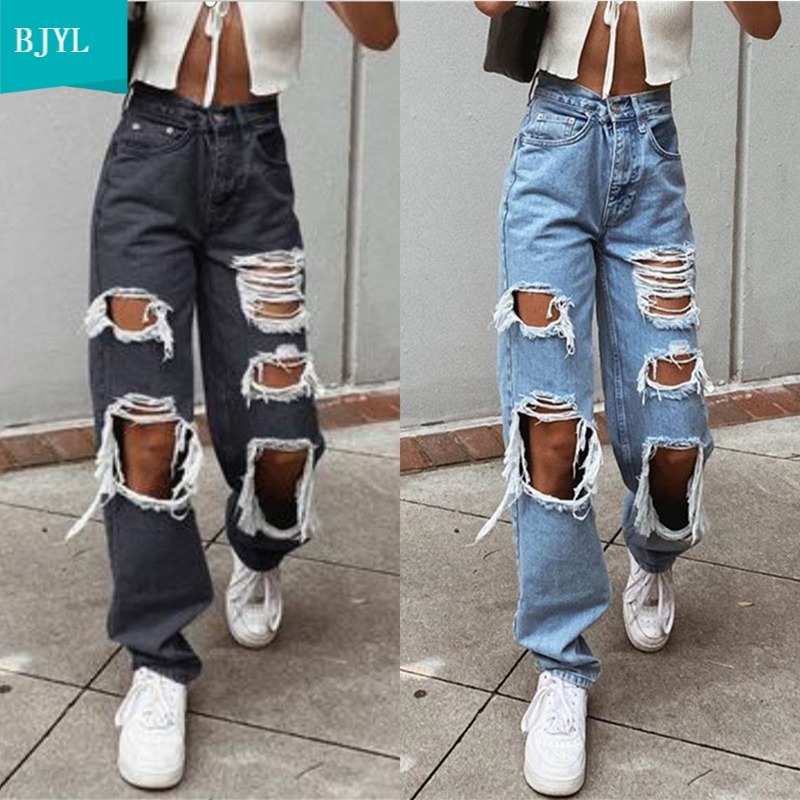 

New Women Jeans Button High Waist Pocket Ripped Hole Loose Elastic Denim Pants Plus Size Trousers Black Blue Streetwear Fashion 2021 St0q
