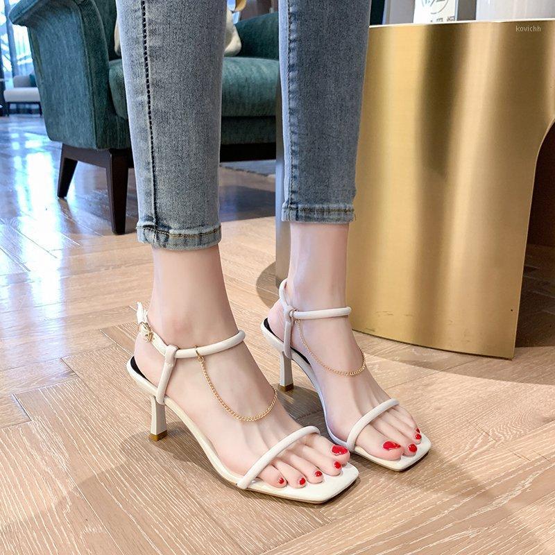 

Dress Shoes Women's Sandals In Summer 2021 Buckles Chain Decoration Square European Style High Heeled For Fashion Nightclub, Black