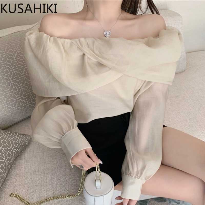

KUSAHIKI Off Shoulder Women Blouse Spring Elegant Shirt Causal Long Sleeve Tops Korean Short Blusa Mujer De Moda 6F263 210602, Photo color