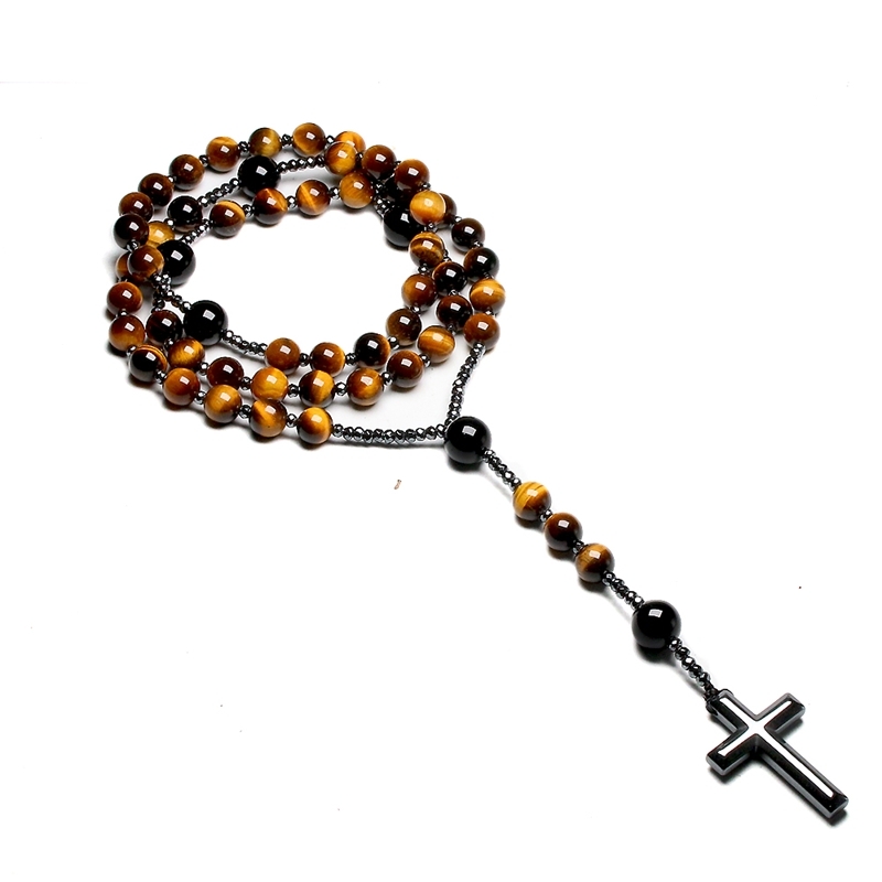 

Natural Tiger Eye Stone Catholic Christ Rosary Necklaces For Women Men Hematite Cross Pendant Mala Jewelry