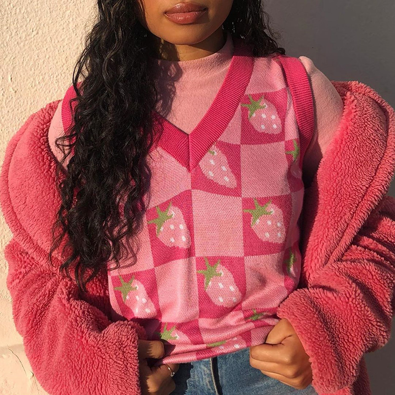 

2021 Pink Strawberry V-neck Loose Sweater Vest Women Teen Girls Sleeveless Winter Tops Preppy Style Korean Brand Designer H97k, Red