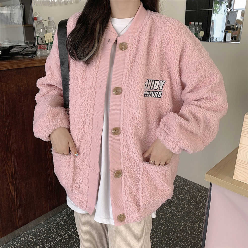 

2021 Buttons Up Vintage Women Plus Faux Lambswool Sweatshirt Pockets Letter Casual Oversized Harajuku Streetwear Womens Tops Trendy Bska, Beige