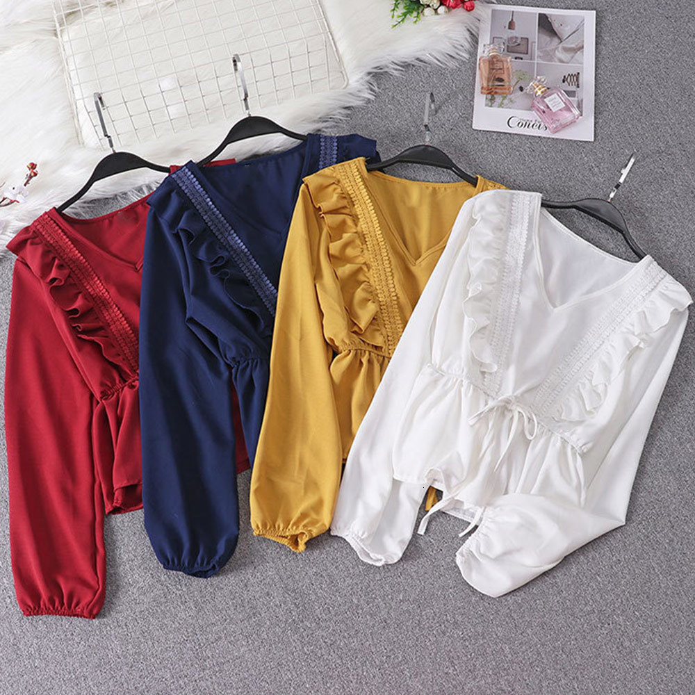 

2021 New Women v Neck Ruffled Blouse Summer Drawstring Sash Lace Patchwork Shirts Solid Vintage Slim Blusas Fashion Tops L92r, Red