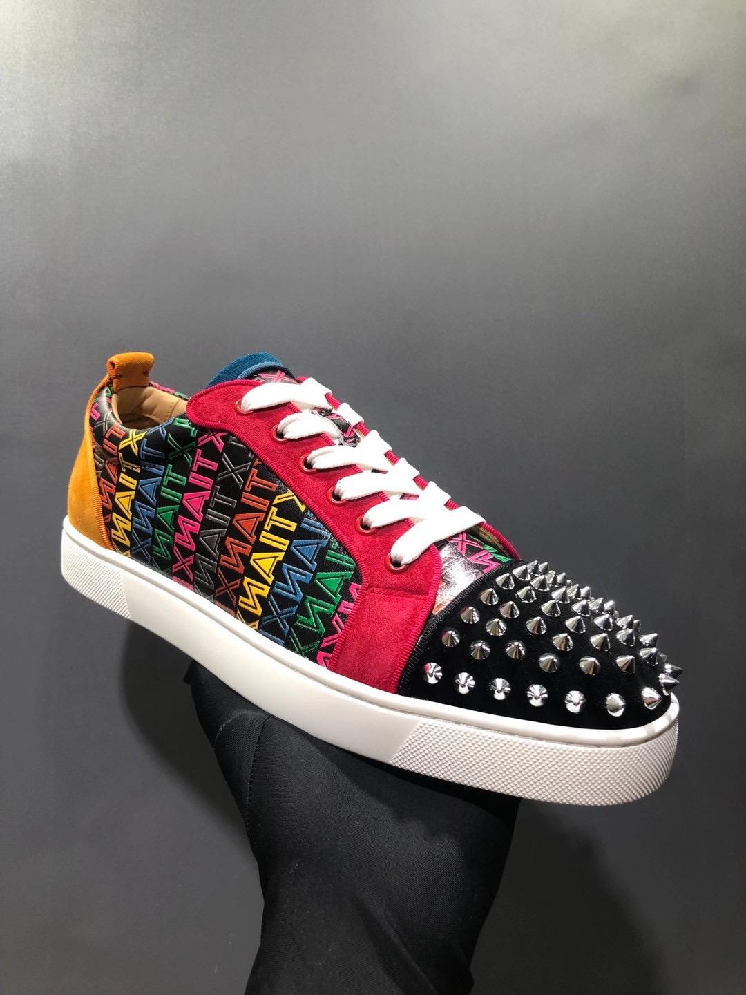 

Men's Flat Trainers Junior Spikes Orlato Shoes Red Bottom Sneaker Lace-Up Mixed Genuine Leather Runner Par AcR Size 5 14 LOUBOUTIN CHRISTIAN