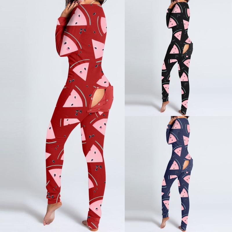 

Women' Jumpsuits & Rompers Sexy Women Watermelon Print Cut Out Functional Buttoned Flap Adult Pajamas Hole Design Plunge Loungewear Jumpsui, Black