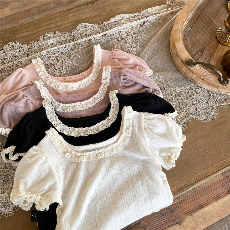 

T-shirts 2021 Summer Korean Style Baby Girls Lace Princess Pure Color Soft Cute Tops Children Tees 4 Colors, Blue