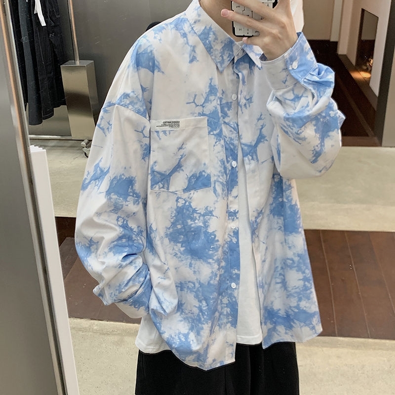 

2021 New Spring Tie-dye Men' Fashion Printing Retro Casual Shirt Men Streetwear Korean Loose Long-sleeved Shirts Mens -xl 5qd8, Black