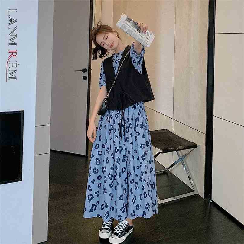 

Women' Midi Casual Dress Large Pocket Lace Up Vest Round Necktwo Piece Suit Loose Fit Fashion Summer 2P1715 210526, Blue