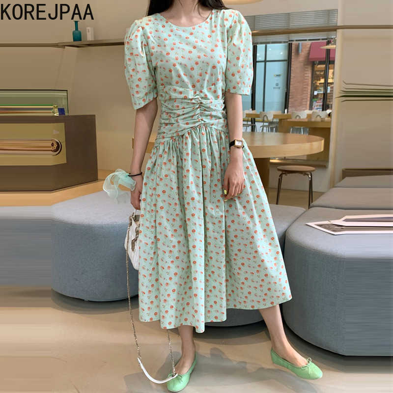 

Korejpaa Women Dress Summer Korean Chic Sweet Age Reducing Full Screen Small Floral Fold Waist Slimming Puff Sleeve Vestido 210526, Yellow