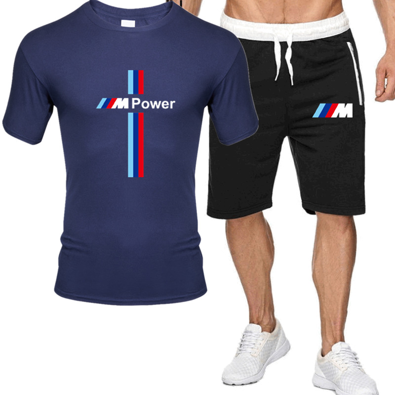 

BMW Male Summer Casual Tracksuit Clothing Men Set Fitness Suit Sporting Suits Short Sleeve T Shirt + Shorts 2 Piece Set L0309, Gray