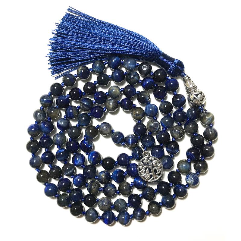 Pendant Necklaces 8mm Natural Lapis Lazuli Tiger Eye Stone Beaded Knotted Necklace Meditation Yoga Jewelry 108 Japamala Rosary Tree Of Life-image-711592562