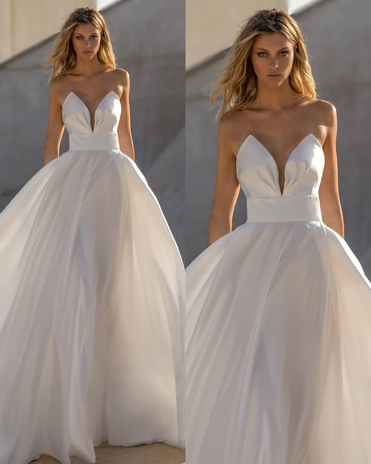 

2021 Sexy New Hot Satin Wedding Es a Line v Neck Plus Size Vestido De Novia Backless Simple Women Bridal Gowns 4mei, White