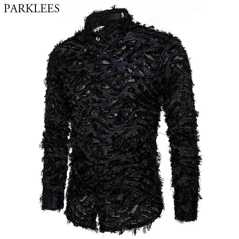 

Sexy Black Feather Lace Shirt Men Fashion See Through Clubwear Dress Shirts Mens Event Party Prom Transparent Chemise S-3XL 210721, White