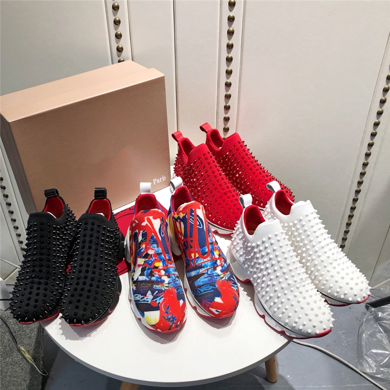 

luxury spikes mens casual shoe red low top lace- up man women sneaker sport shoes outdoor bottoms unsex leather sneaker with box, Black