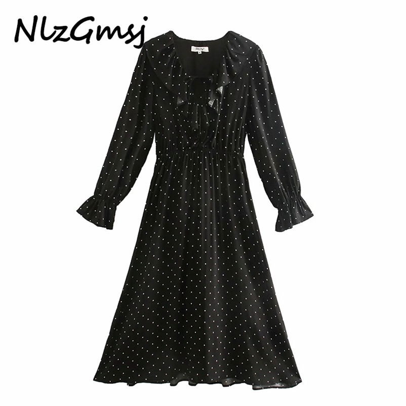 

Dres Spring Fashion V-neck High Waist Knee-length Ruffles Long Sleeve Five-pointed Star A-line 210628, As picture