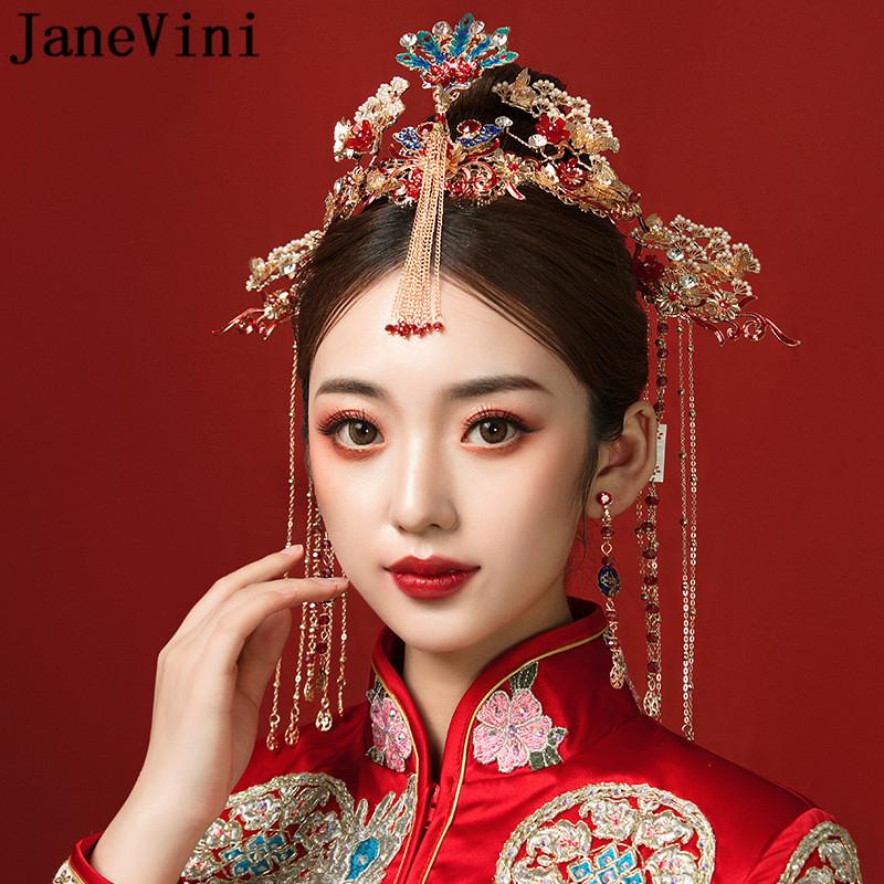 

Hair Clips & Barrettes JaneVini Vintage Chinese Red Phoenix Crown Bridal Headdress Ancient Hairpin With Earrings Bride Wedding Jewelry Acces, Golden;silver
