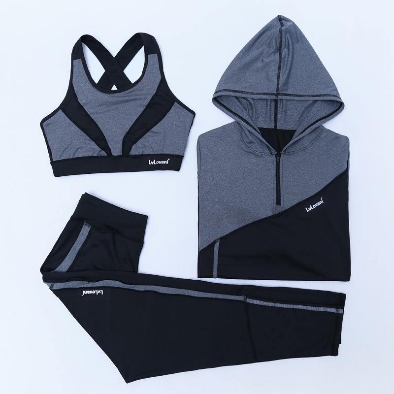 

New Women Yoga Set 3 Piece Loose Style Hoodie Jackets+Bra+Pants Fintess Crossover Back Design Breathable Gym Clothing Sport Suit, Blue